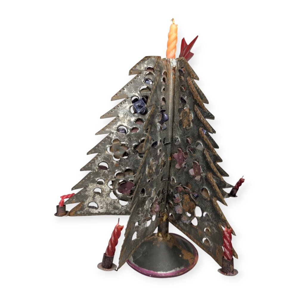 Vintage Primitive Folk Art Metal Christmas Tree Candle Holder with Red Star 12" - Picture 4 of 12